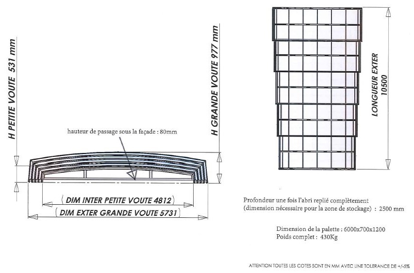 dimensions abri kit distri-cover Bassin de 10 x 4 m