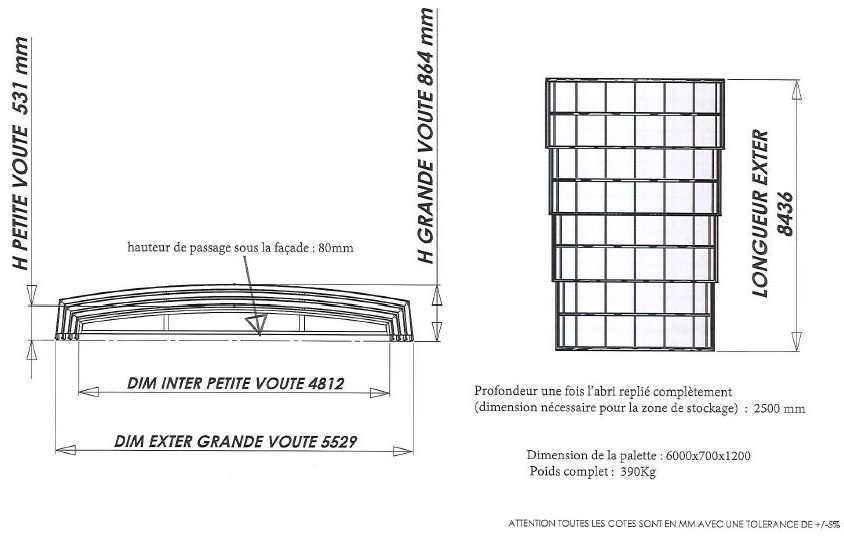 dimensions abri kit distri-cover Bassin de 8 x 4 m